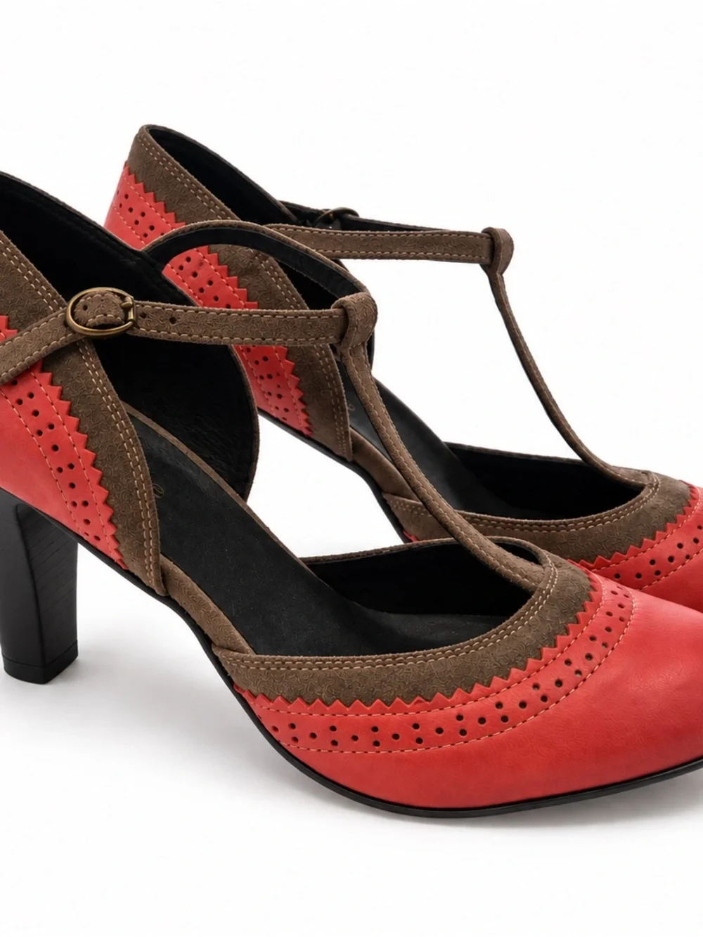 NWOT! Sundance Two-Tone T-Strap Heels in Coral Red and Brown NEW Mary Jane’s